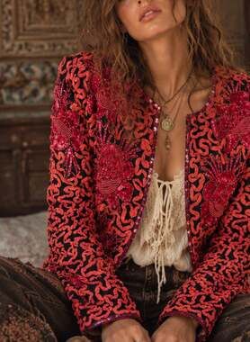 Vintage Aries On Knob Hill 100% Pure Silk Floral Sequin Beaded Abstract Jacket